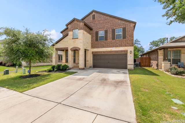 205 Wickersham, Boerne, TX 78015 - traditional-style house with fence, a front yard, brick siding, an attached garage, and driveway