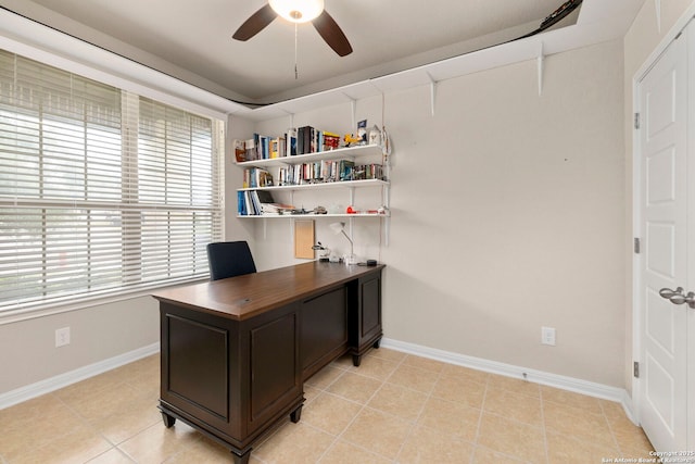 205 Wickersham, Boerne, TX 78015 - home office featuring baseboards, a ceiling fan, and a wealth of natural light