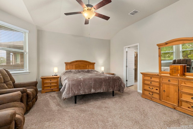 205 Wickersham, Boerne, TX 78015 - bedroom with visible vents, ceiling fan, lofted ceiling, and light colored carpet