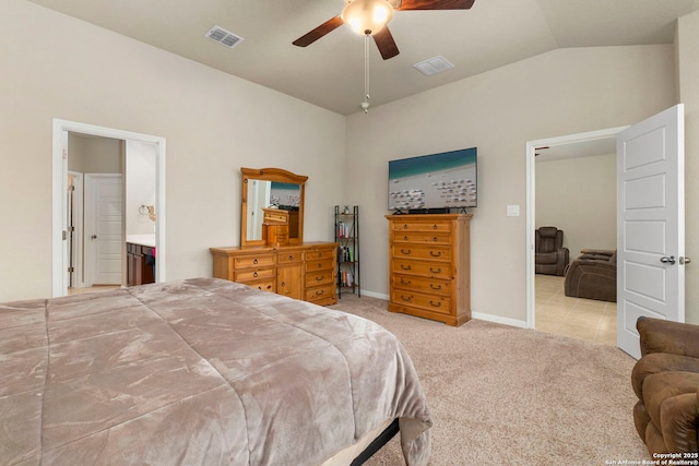 205 Wickersham, Boerne, TX 78015 - bedroom with a ceiling fan, visible vents, carpet, and lofted ceiling
