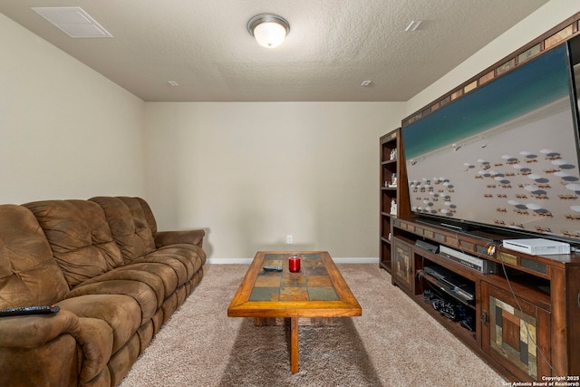 205 Wickersham, Boerne, TX 78015 - living area with baseboards, light colored carpet, a textured ceiling, and visible vents