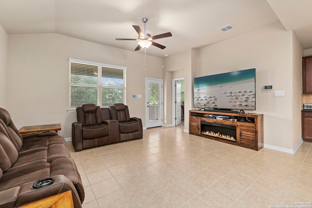 205 Wickersham, Boerne, TX 78015 - living room featuring baseboards, ceiling fan, visible vents, and light tile patterned floors