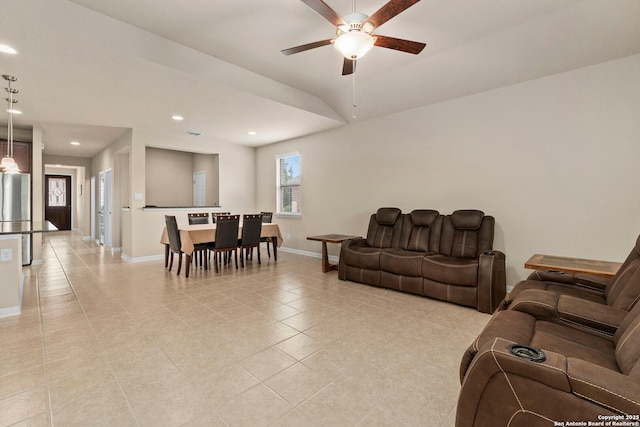 205 Wickersham, Boerne, TX 78015 - living room with light tile patterned floors, baseboards, a ceiling fan, and recessed lighting