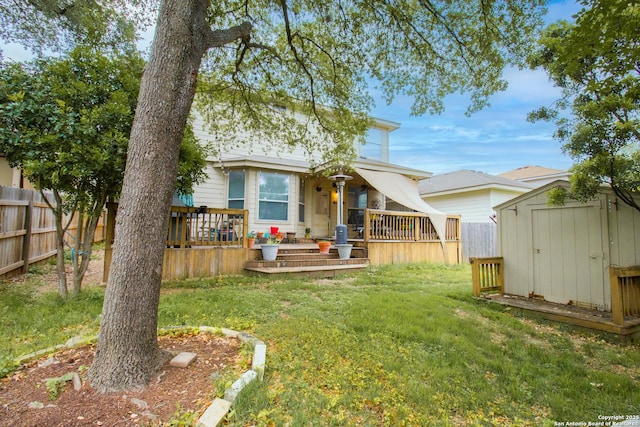 5315 Argyle, San Antonio, TX 78247 - rear view of property featuring a storage shed, a wooden deck, a fenced backyard, a lawn, and an outdoor structure