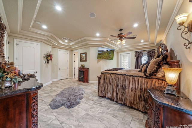 bedroom featuring crown molding, a tray ceiling, recessed lighting, and visible vents