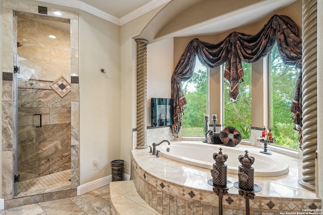 full bathroom featuring plenty of natural light, ornamental molding, a shower stall, and a bath