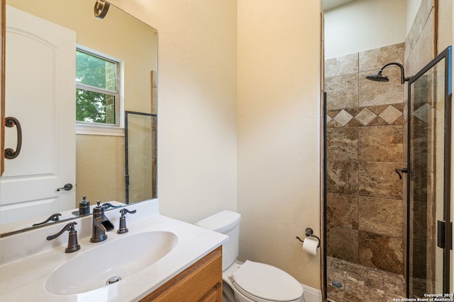 bathroom featuring vanity, a shower stall, and toilet