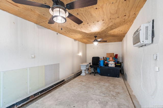 office featuring concrete flooring, ceiling fan, a wall mounted AC, and wood ceiling
