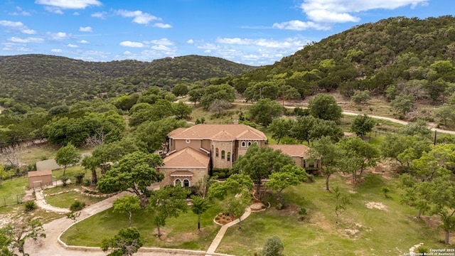 aerial view featuring a view of trees and a mountain view