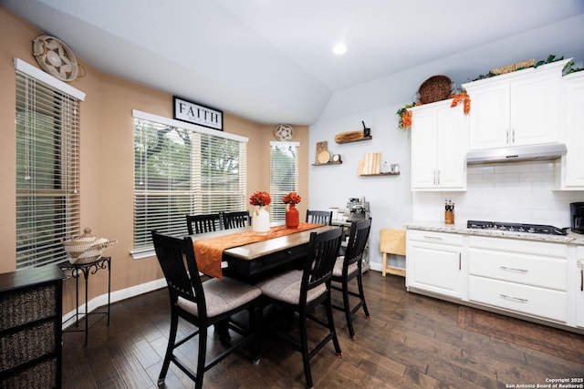 dining room with baseboards, dark wood finished floors, and lofted ceiling