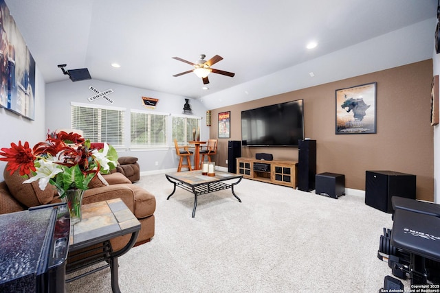 carpeted living room featuring recessed lighting, ceiling fan, vaulted ceiling, and baseboards