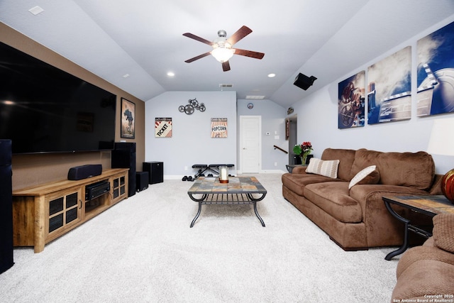 living area featuring carpet flooring, ceiling fan, recessed lighting, baseboards, and lofted ceiling
