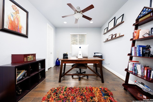 home office with recessed lighting, a ceiling fan, baseboards, and wood finished floors