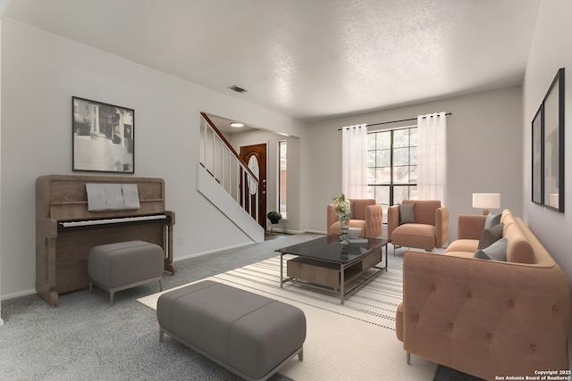19750 Encino Way, San Antonio, TX 78259 - living room featuring stairs, light carpet, and baseboards