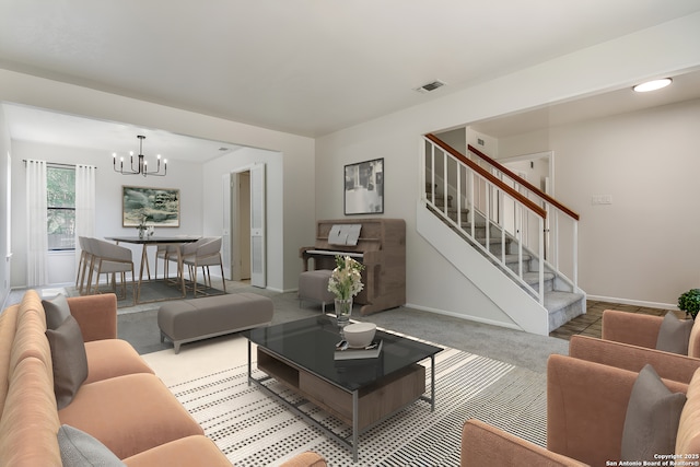 19750 Encino Way, San Antonio, TX 78259 - living area featuring a chandelier, stairs, baseboards, and light carpet