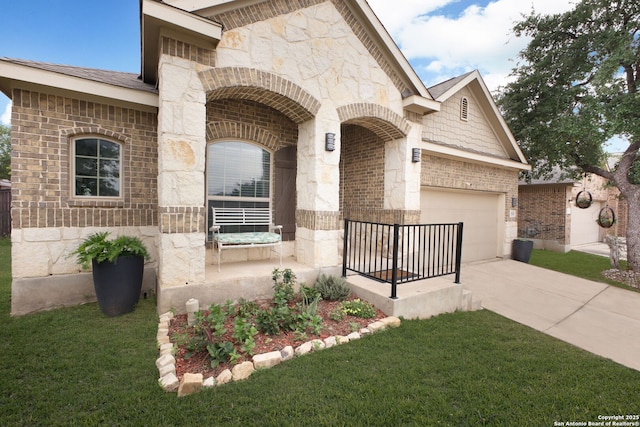 french country inspired facade with an attached garage, driveway, covered porch, and stone siding
