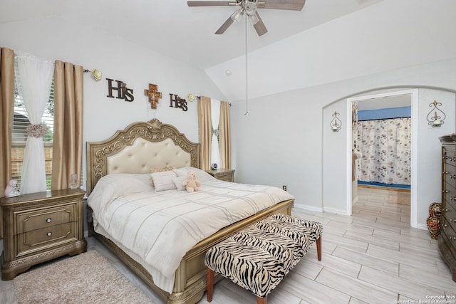 15143 Gelding Hts, San Antonio, TX 78245 - bedroom with vaulted ceiling, baseboards, a ceiling fan, and ensuite bathroom