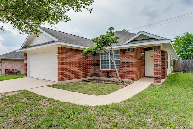 5735 Cardinal Fls, San Antonio, TX 78239 - ranch-style home featuring a front yard, a garage, brick siding, fence, and concrete driveway