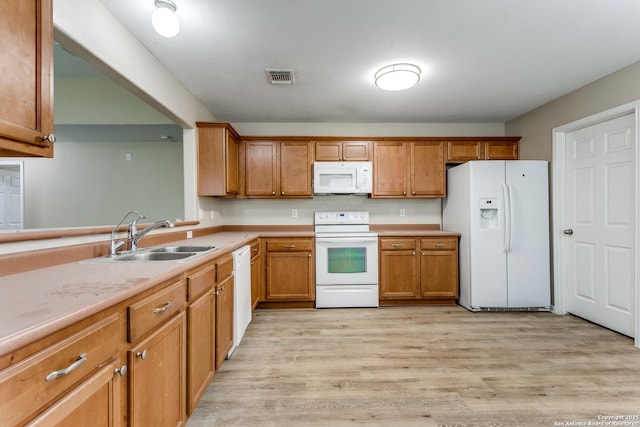 5735 Cardinal Fls, San Antonio, TX 78239 - kitchen with visible vents, light wood-type flooring, a sink, light countertops, and white appliances