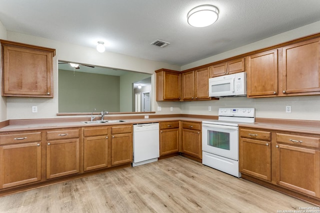 5735 Cardinal Fls, San Antonio, TX 78239 - kitchen featuring a sink, white appliances, brown cabinetry, light wood-style flooring, and visible vents