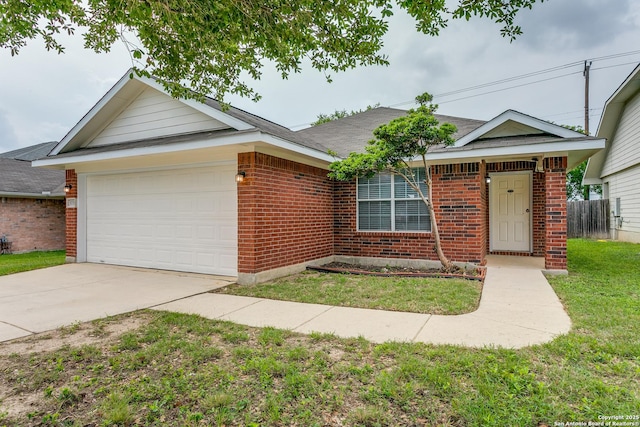 5735 Cardinal Fls, San Antonio, TX 78239 - ranch-style home with brick siding, an attached garage, fence, and a front lawn