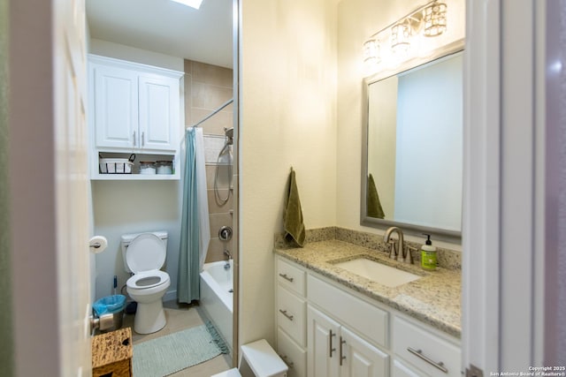 full bathroom with vanity, tile patterned floors, shower / bath combo with shower curtain, and toilet