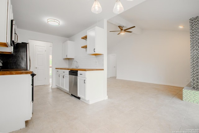4742 Misty Run, San Antonio, TX 78217 - kitchen with stainless steel dishwasher, open shelves, ceiling fan, white cabinets, and tasteful backsplash
