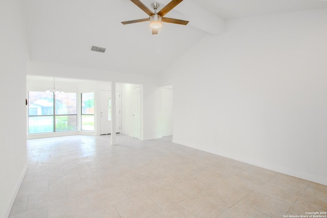 4742 Misty Run, San Antonio, TX 78217 - unfurnished room featuring visible vents, high vaulted ceiling, baseboards, beamed ceiling, and ceiling fan with notable chandelier