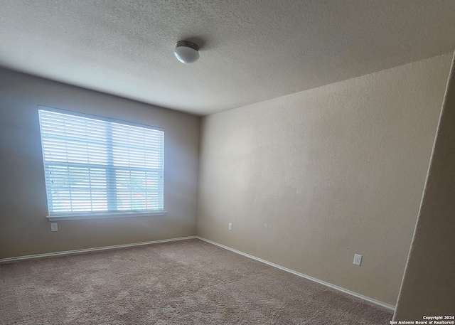 empty room featuring a textured ceiling, baseboards, and carpet