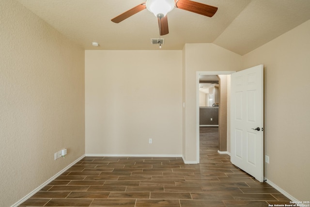3830 Bogie Way, Converse, TX 78109 - empty room with wood finish floors, a ceiling fan, baseboards, lofted ceiling, and visible vents