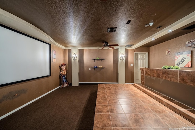 3830 Bogie Way, Converse, TX 78109 - cinema with ceiling fan, a textured ceiling, visible vents, baseboards, and tile patterned floors