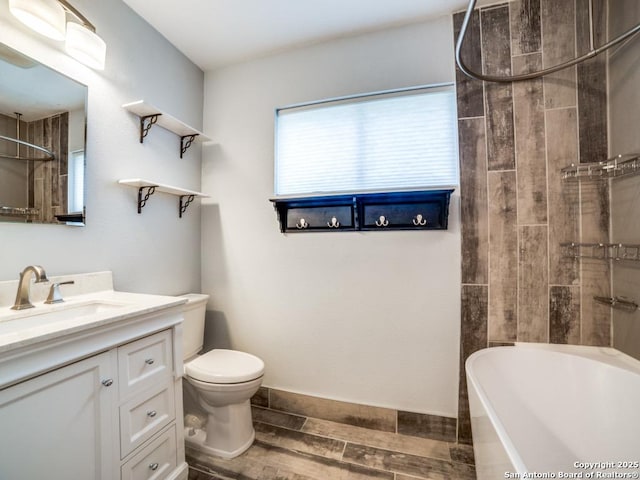 9327 Fernglen Dr, San Antonio, TX 78240 - bathroom featuring a tub, wood tiled floor, a shower, vanity, and toilet