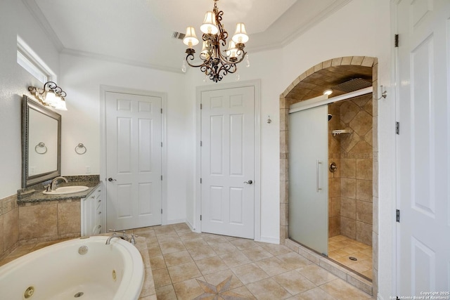 bathroom featuring tile patterned flooring, visible vents, an inviting chandelier, a whirlpool tub, and a stall shower