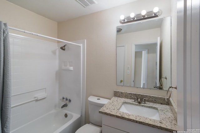 full bathroom featuring vanity, toilet, shower / bathtub combination with curtain, and visible vents