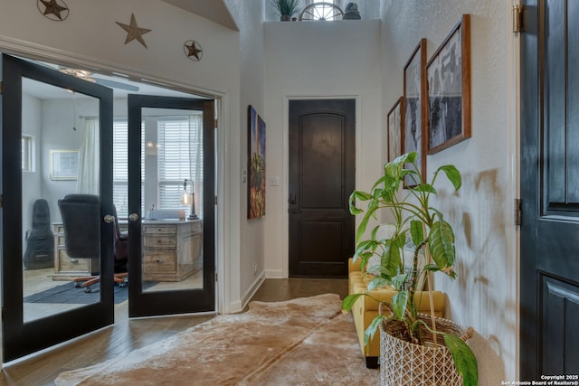 foyer entrance with baseboards and wood finished floors