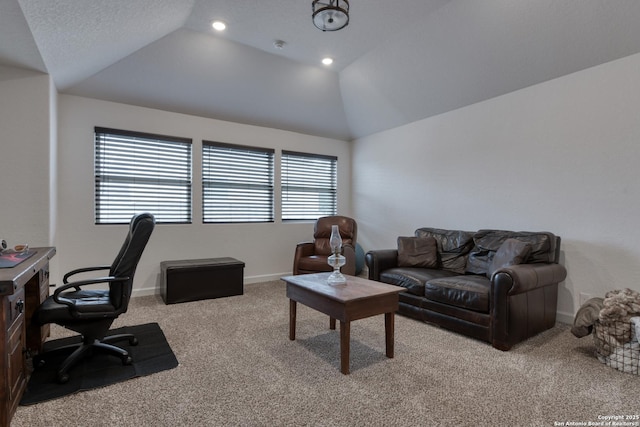 carpeted office space featuring baseboards, recessed lighting, and vaulted ceiling