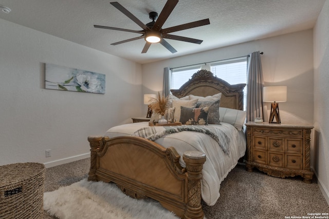 bedroom featuring a textured ceiling, baseboards, a ceiling fan, and carpet