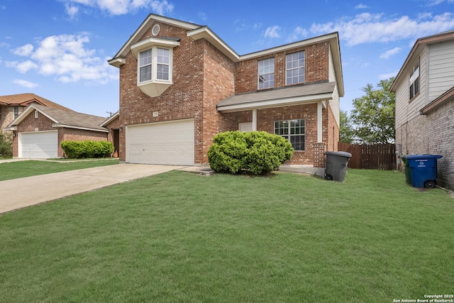 traditional-style home featuring fence, brick siding, a garage, a front yard, and concrete driveway