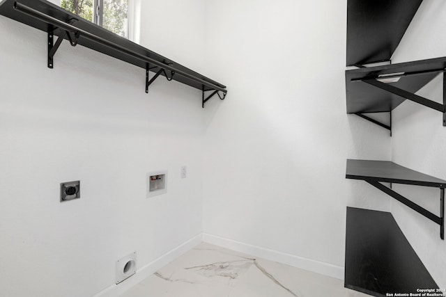 laundry area featuring washer hookup, hookup for an electric dryer, laundry area, baseboards, and marble finish floor