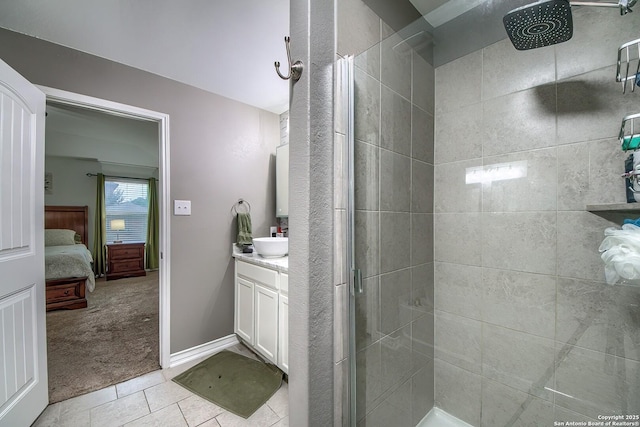13408 Drop Seed, San Antonio, TX 78254 - bathroom with a shower stall, tile patterned flooring, vanity, and connected bathroom