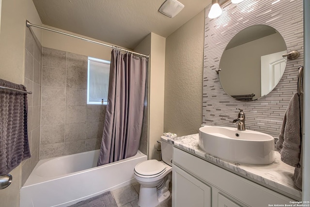 13408 Drop Seed, San Antonio, TX 78254 - full bath with shower / tub combo, a textured wall, toilet, vanity, and decorative backsplash