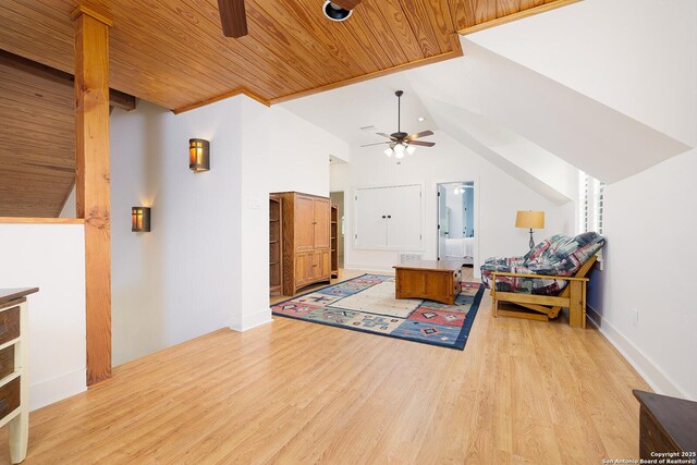 137A Spanish Pass, Boerne, TX 78006 - bonus room with a ceiling fan, light wood-type flooring, lofted ceiling, wood ceiling, and baseboards