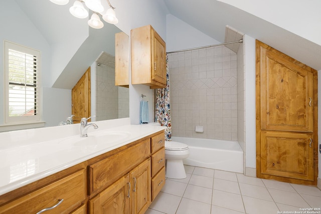 137A Spanish Pass, Boerne, TX 78006 - bathroom with lofted ceiling, tile patterned flooring, shower / bath combo, toilet, and vanity
