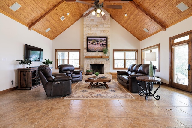 137A Spanish Pass, Boerne, TX 78006 - living area featuring wooden ceiling, high vaulted ceiling, a stone fireplace, ceiling fan, and baseboards