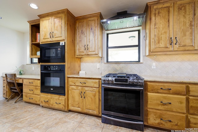 137A Spanish Pass, Boerne, TX 78006 - kitchen featuring black appliances, open shelves, tasteful backsplash, wall chimney exhaust hood, and recessed lighting