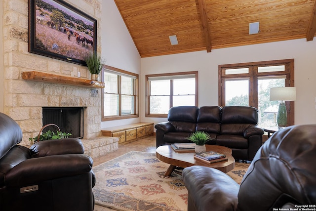 137A Spanish Pass, Boerne, TX 78006 - tiled living area featuring wooden ceiling, healthy amount of natural light, a stone fireplace, and high vaulted ceiling