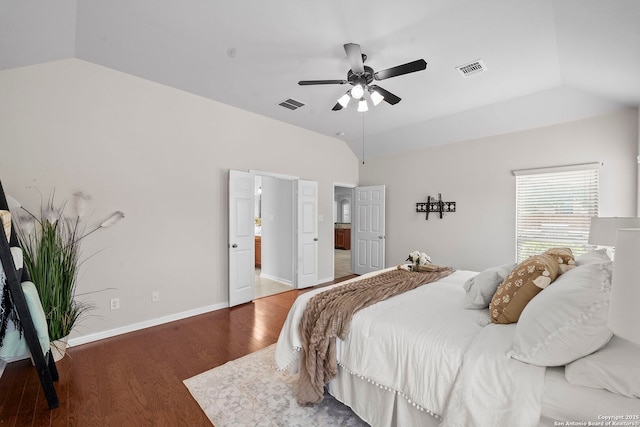 8715 Anton Chico, Helotes, TX 78023 - bedroom featuring ceiling fan, baseboards, wood finished floors, lofted ceiling, and visible vents