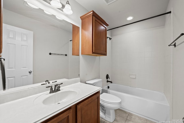8715 Anton Chico, Helotes, TX 78023 - bathroom with tile patterned flooring, shower / tub combination, vanity, toilet, and recessed lighting