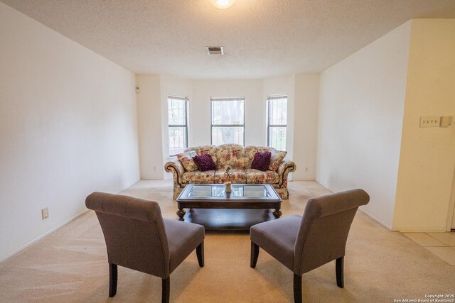 1903 Copperfield, San Antonio, TX 78251 - living room with light carpet, a textured ceiling, and visible vents