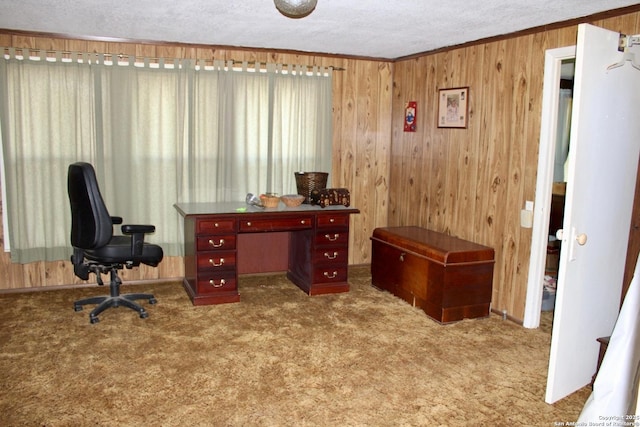 carpeted home office with baseboards, wood walls, and a textured ceiling